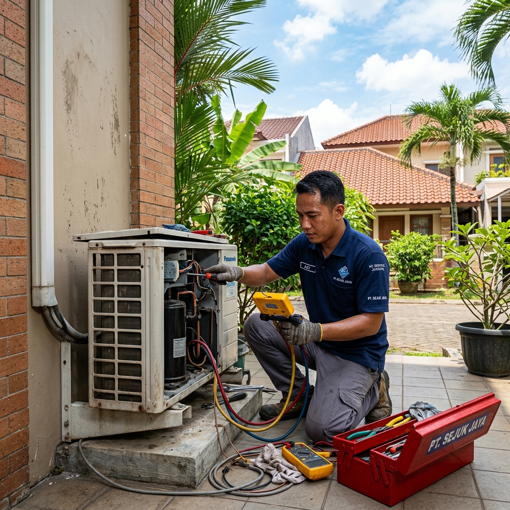 Teknisi sedang melakukan pengecekan tekanan freon AC outdoor